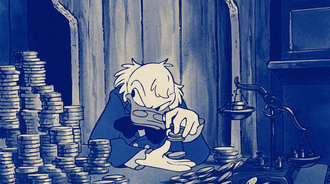 Blue toned illustration of a figure counting coins at a desk
