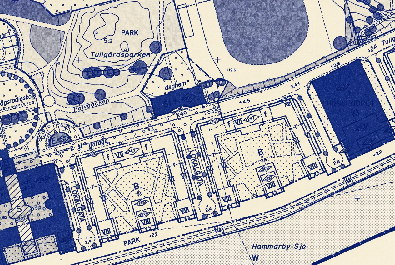 Blue toned zoning plan drawing of a city district